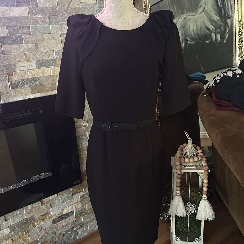 Blue Sheath Dress with Puff Sleeves and Crew Neck